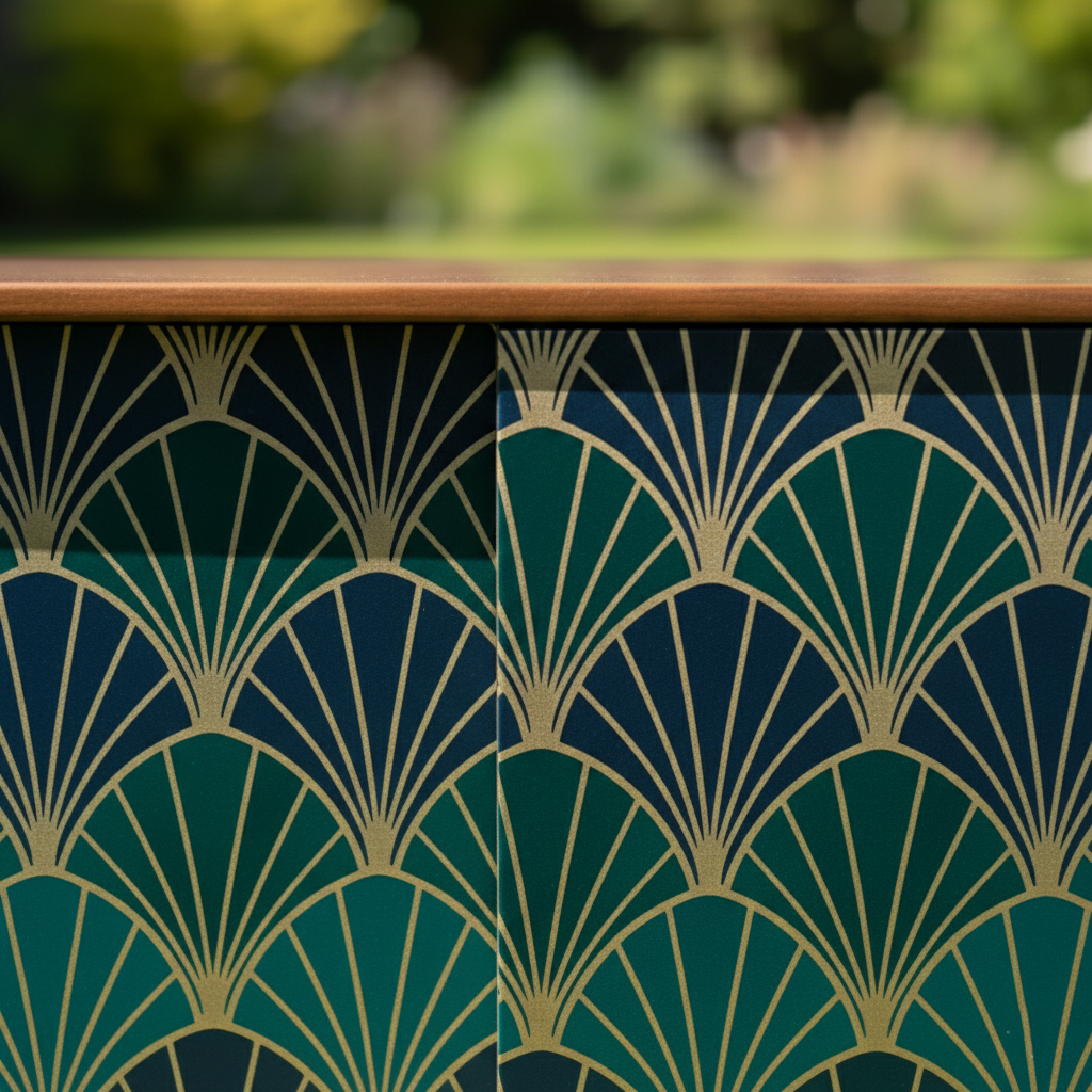 Hand-Painted Emerald Green Sideboard Credenza – Art Deco & Mid-Century Modern Fusion with Geometric Fan Design