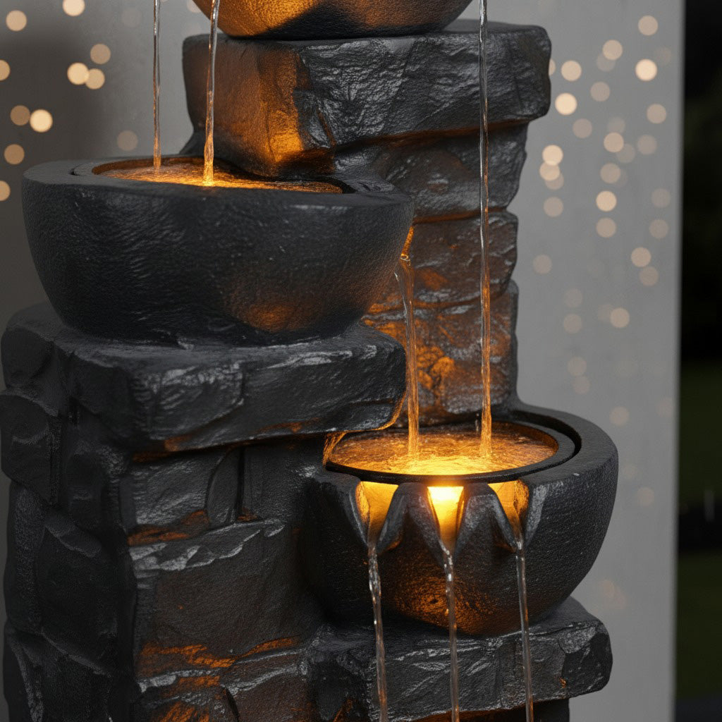 42" Handmade 4-Tier Outdoor Water Fountain with Bird Bath & LED Lights – Polyresin Garden Décor