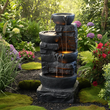 42" Handmade 4-Tier Outdoor Water Fountain with Bird Bath & LED Lights – Polyresin Garden Décor