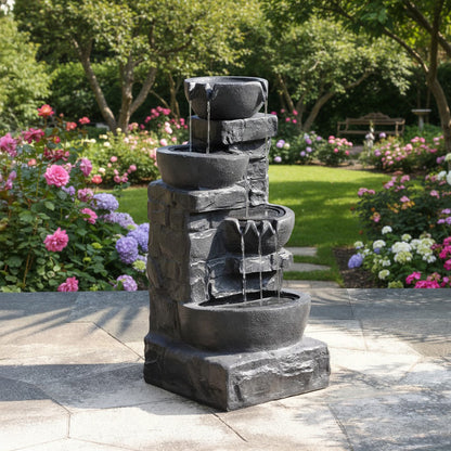 42" Handmade 4-Tier Outdoor Water Fountain with Bird Bath & LED Lights – Polyresin Garden Décor