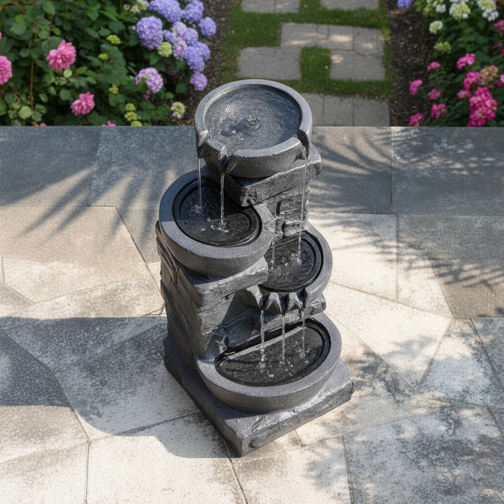 42" Handmade 4-Tier Outdoor Water Fountain with Bird Bath & LED Lights – Polyresin Garden Décor