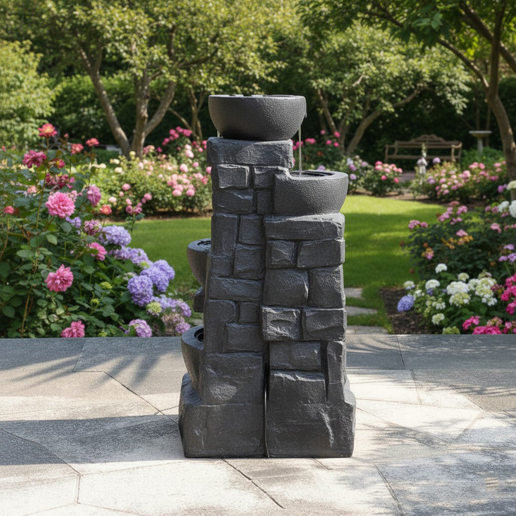 42" Handmade 4-Tier Outdoor Water Fountain with Bird Bath & LED Lights – Polyresin Garden Décor