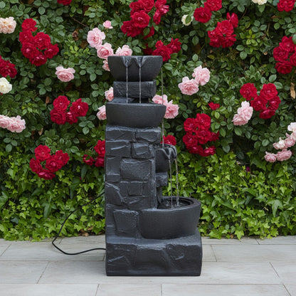 42" Handmade 4-Tier Outdoor Water Fountain with Bird Bath & LED Lights – Polyresin Garden Décor