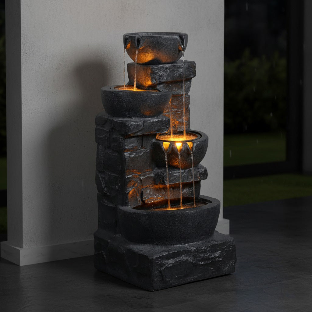 42" Handmade 4-Tier Outdoor Water Fountain with Bird Bath & LED Lights – Polyresin Garden Décor