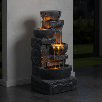 42" Handmade 4-Tier Outdoor Water Fountain with Bird Bath & LED Lights – Polyresin Garden Décor