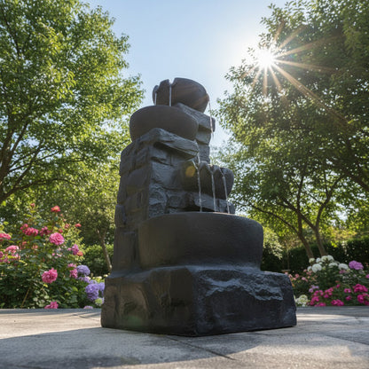 42" Handmade 4-Tier Outdoor Water Fountain with Bird Bath & LED Lights – Polyresin Garden Décor