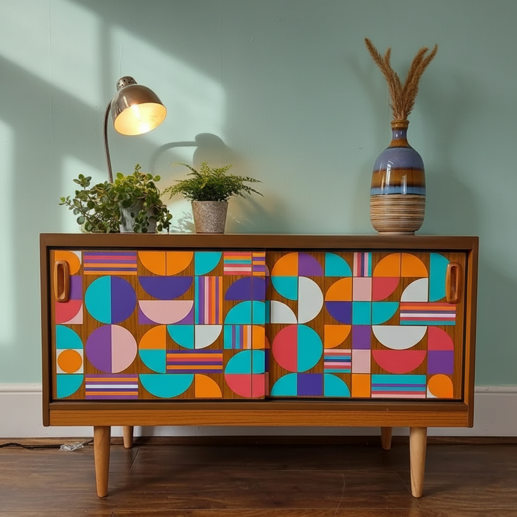 Hand-Painted Mid-Century Modern Art Sideboard – Custom Geometric Design