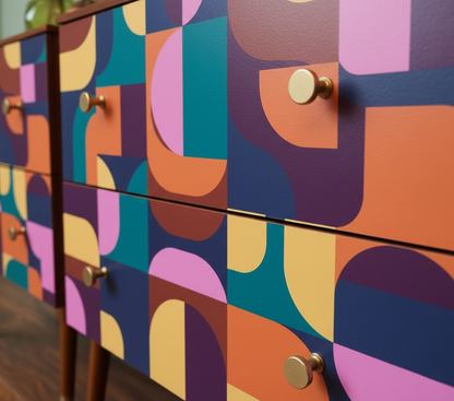 Hand-Painted Mid-Century Modern Nightstand Set – Abstract Geometric Art Furniture (Set of 2)