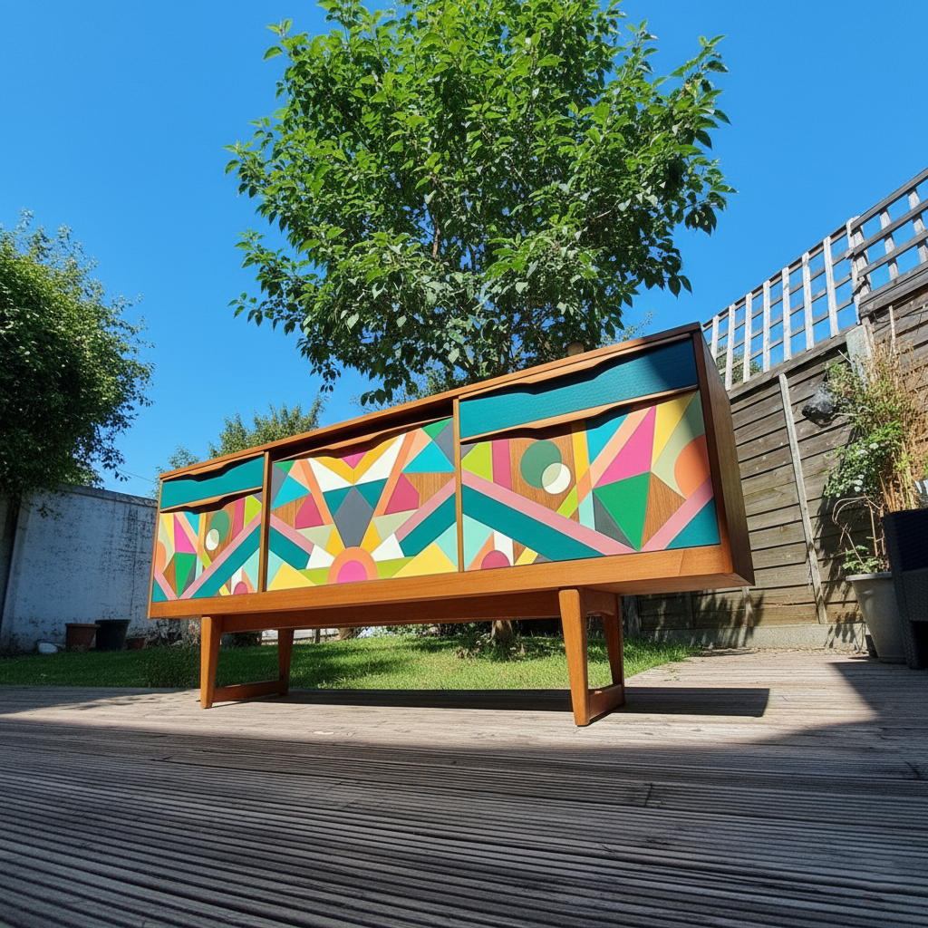 Hand-Painted MCM Pop Art Sideboard – 60" Bold Abstract Credenza