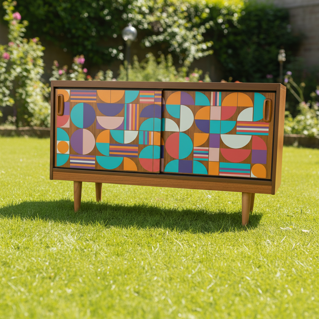 Hand-Painted Mid-Century Modern Art Sideboard – Custom Geometric Design