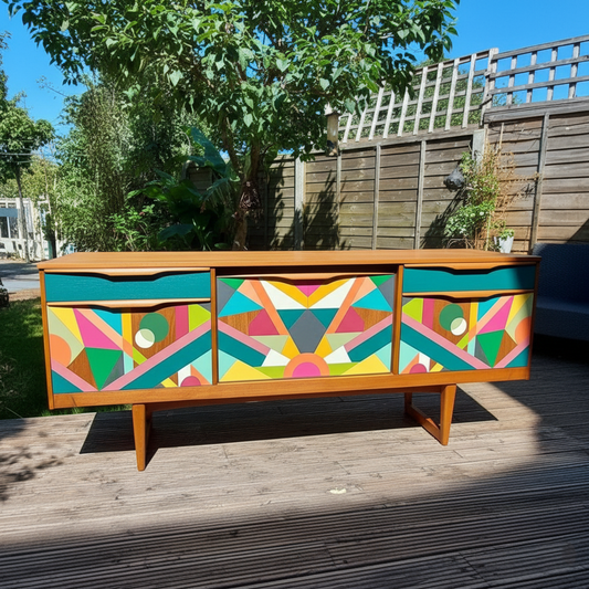 Hand-Painted MCM Pop Art Sideboard – 60" Bold Abstract Credenza