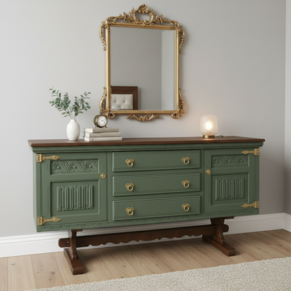 Handcrafted Walnut Sideboard – Vintage Sage Green Storage Cabinet & Console