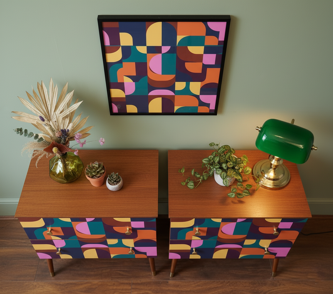 Hand-Painted Mid-Century Modern Nightstand Set – Abstract Geometric Art Furniture (Set of 2)