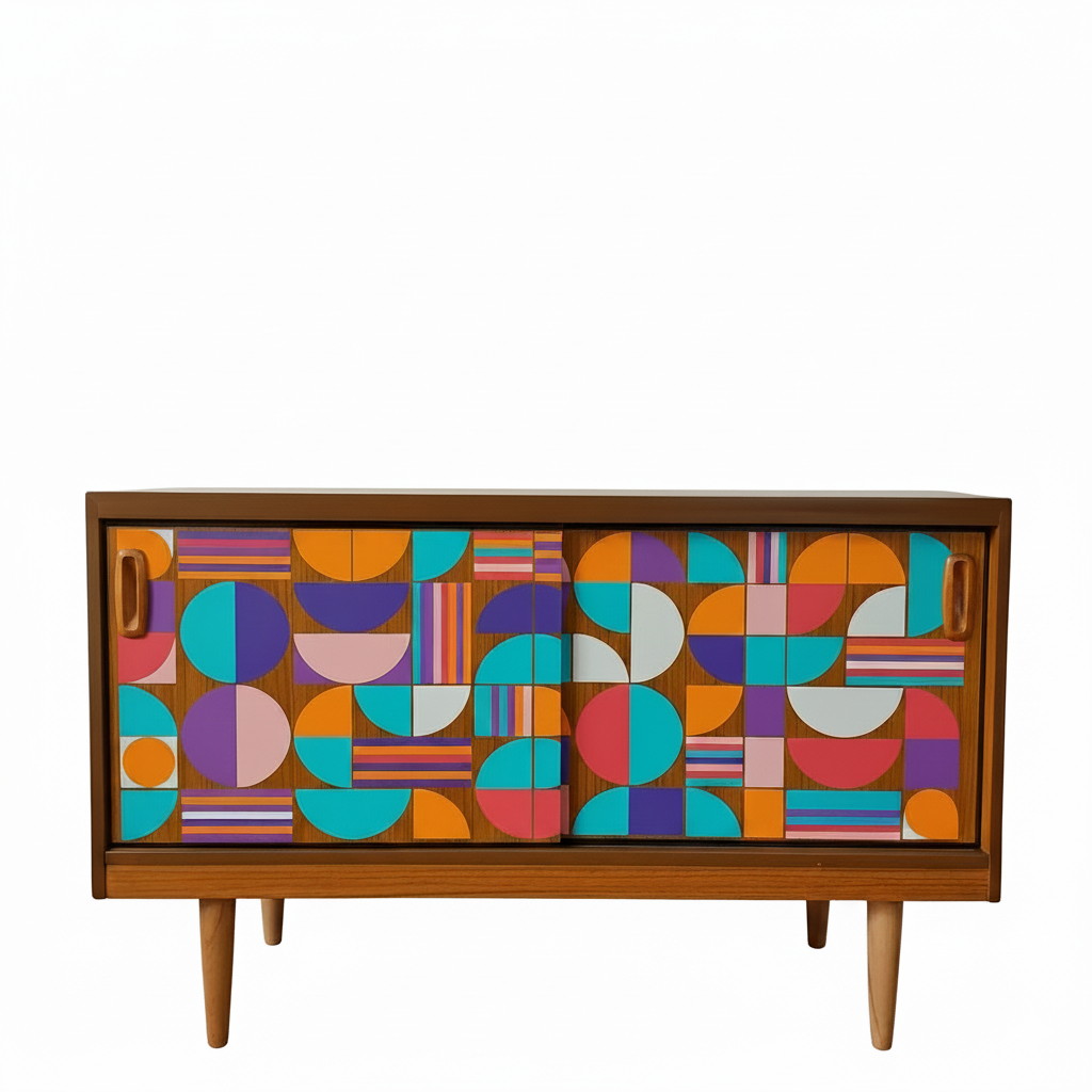 Hand-Painted Mid-Century Modern Art Sideboard – Custom Geometric Design