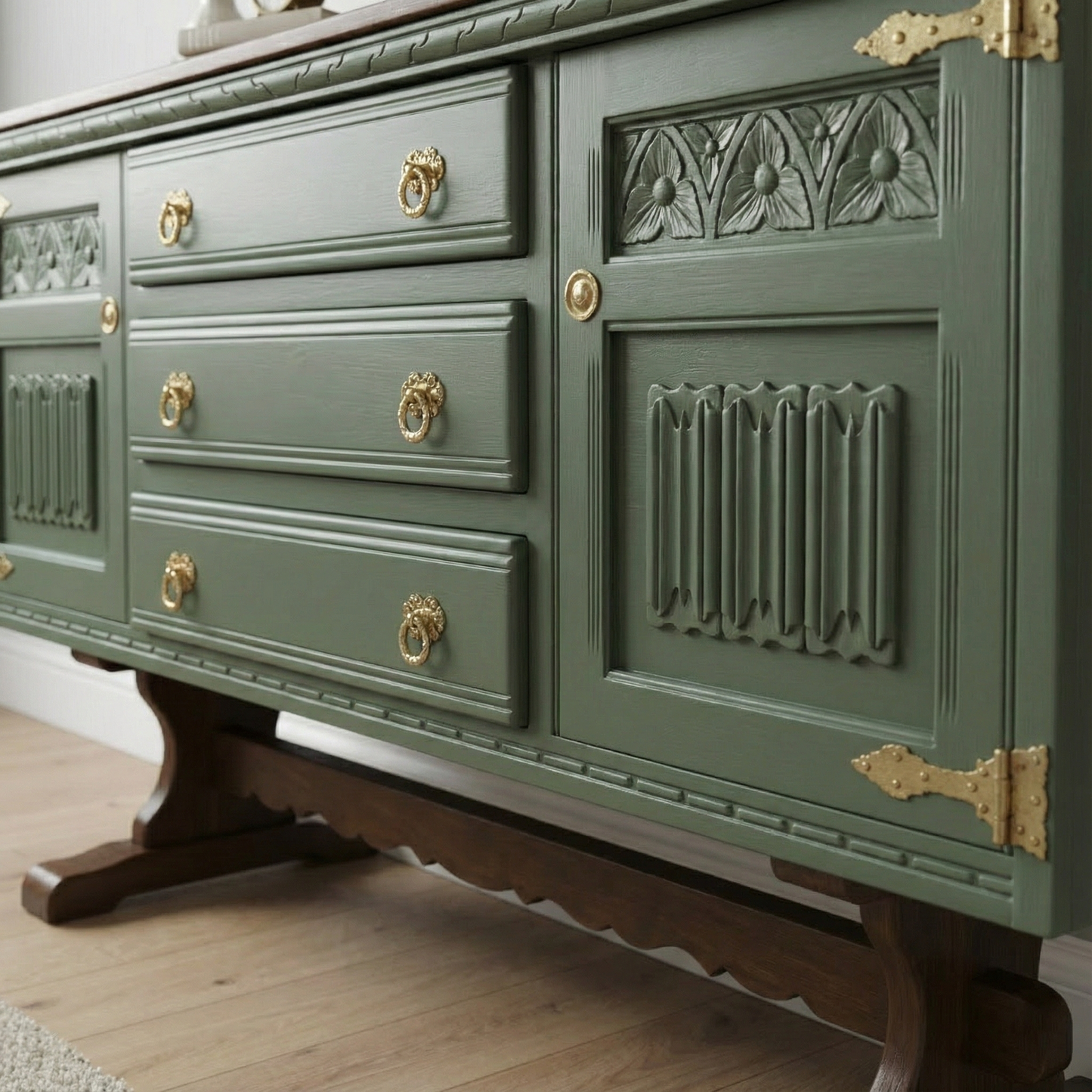 Handcrafted Walnut Sideboard – Vintage Sage Green Storage Cabinet & Console