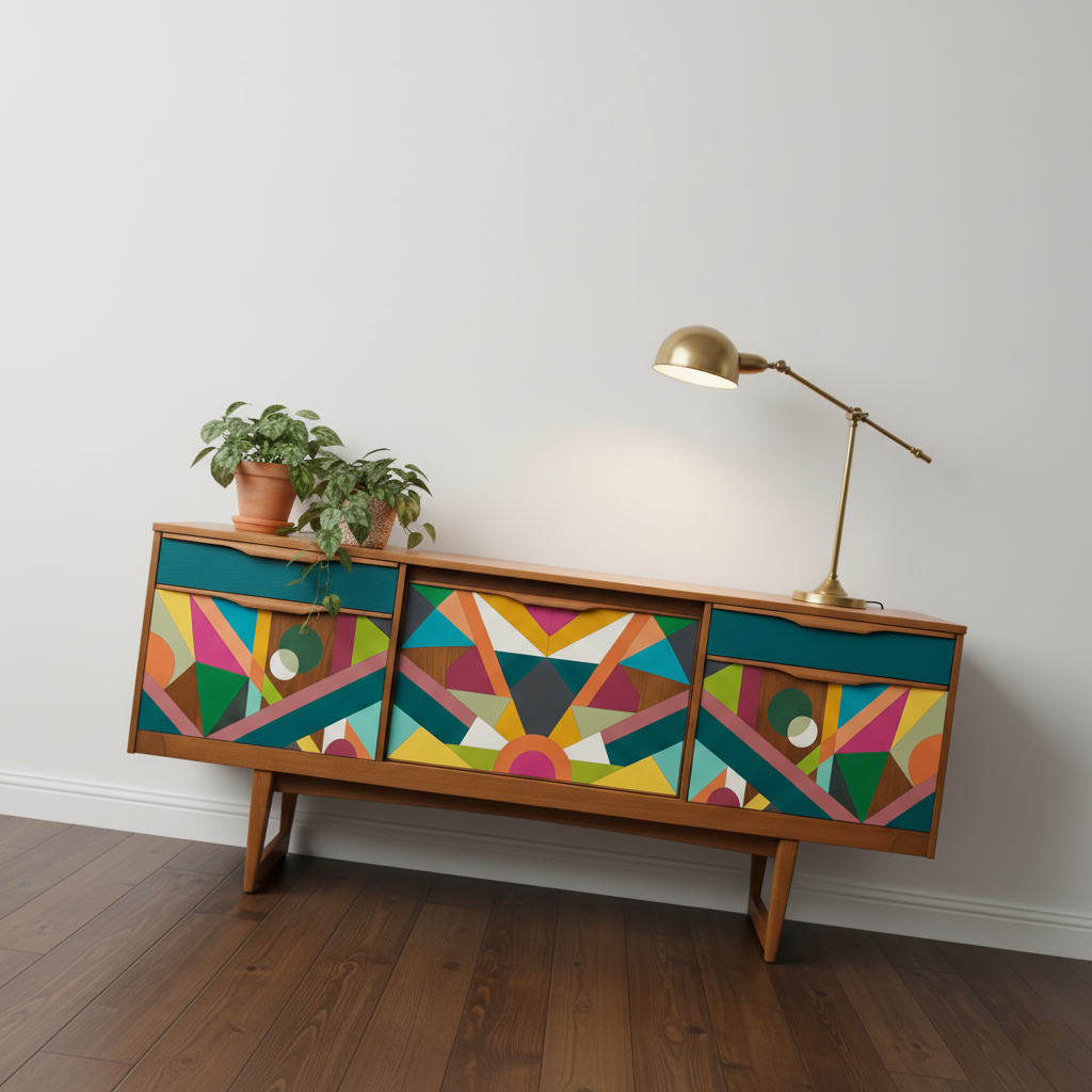 Hand-Painted MCM Pop Art Sideboard – 60" Bold Abstract Credenza