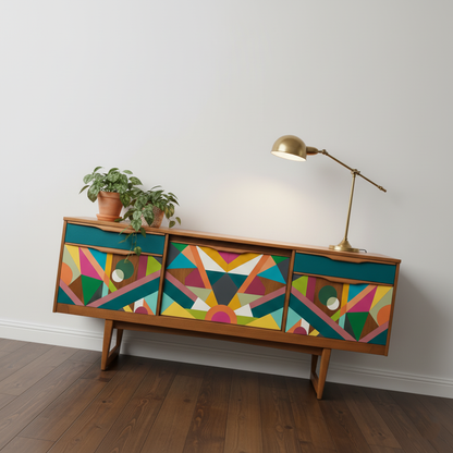 Hand-Painted MCM Pop Art Sideboard – 60" Bold Abstract Credenza