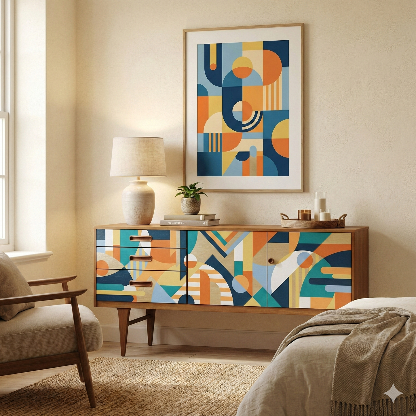 Handcrafted Walnut Sideboard – Modern Geometric Art Furniture & Storage Cabinet
