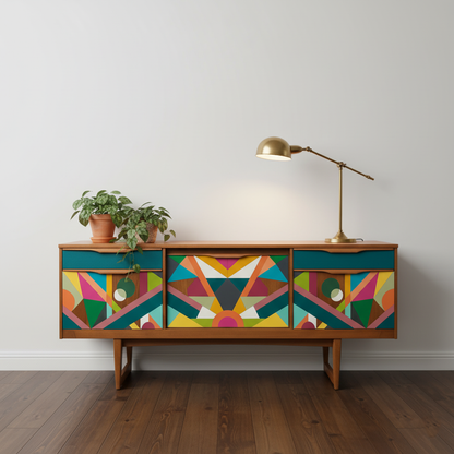 Hand-Painted MCM Pop Art Sideboard – 60" Bold Abstract Credenza
