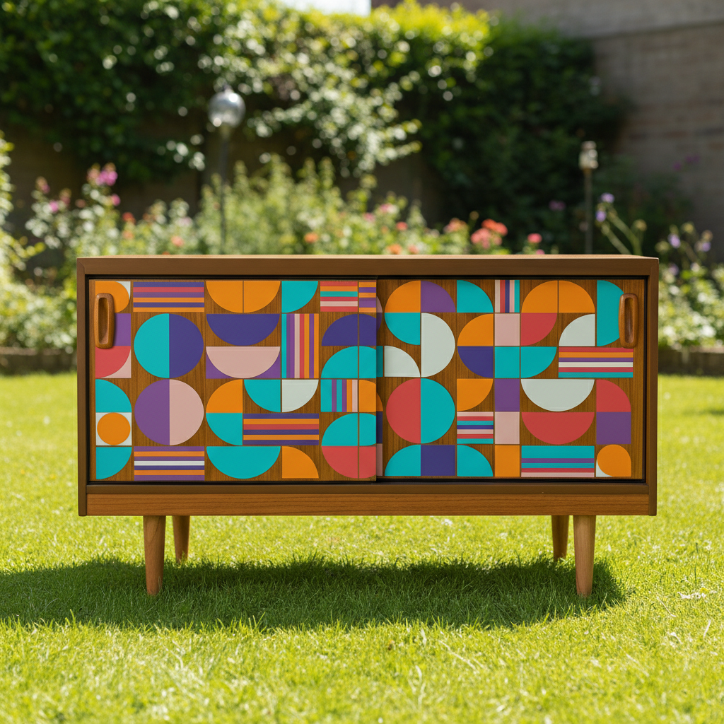 Hand-Painted Mid-Century Modern Art Sideboard – Custom Geometric Design