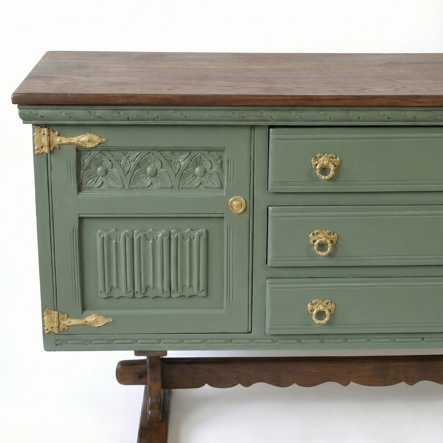 Handcrafted Walnut Sideboard – Vintage Sage Green Storage Cabinet & Console