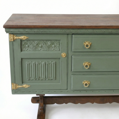 Handcrafted Walnut Sideboard – Vintage Sage Green Storage Cabinet & Console
