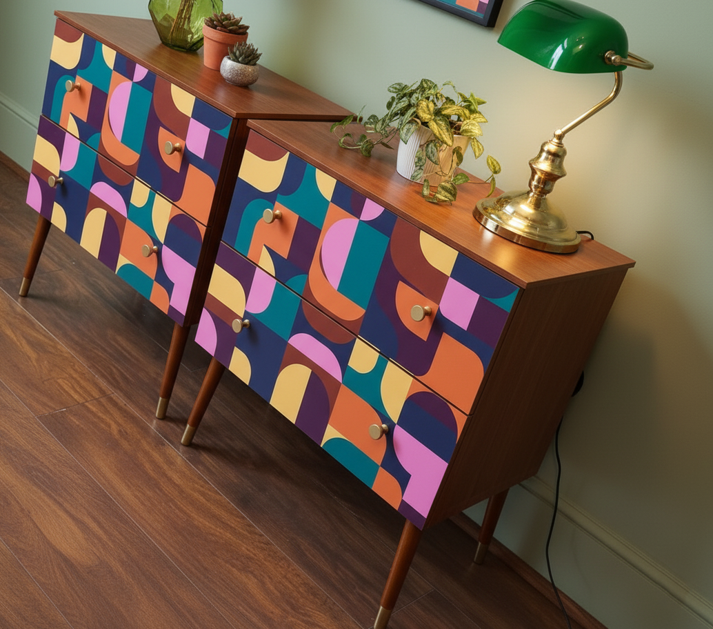 Hand-Painted Mid-Century Modern Nightstand Set – Abstract Geometric Art Furniture (Set of 2)