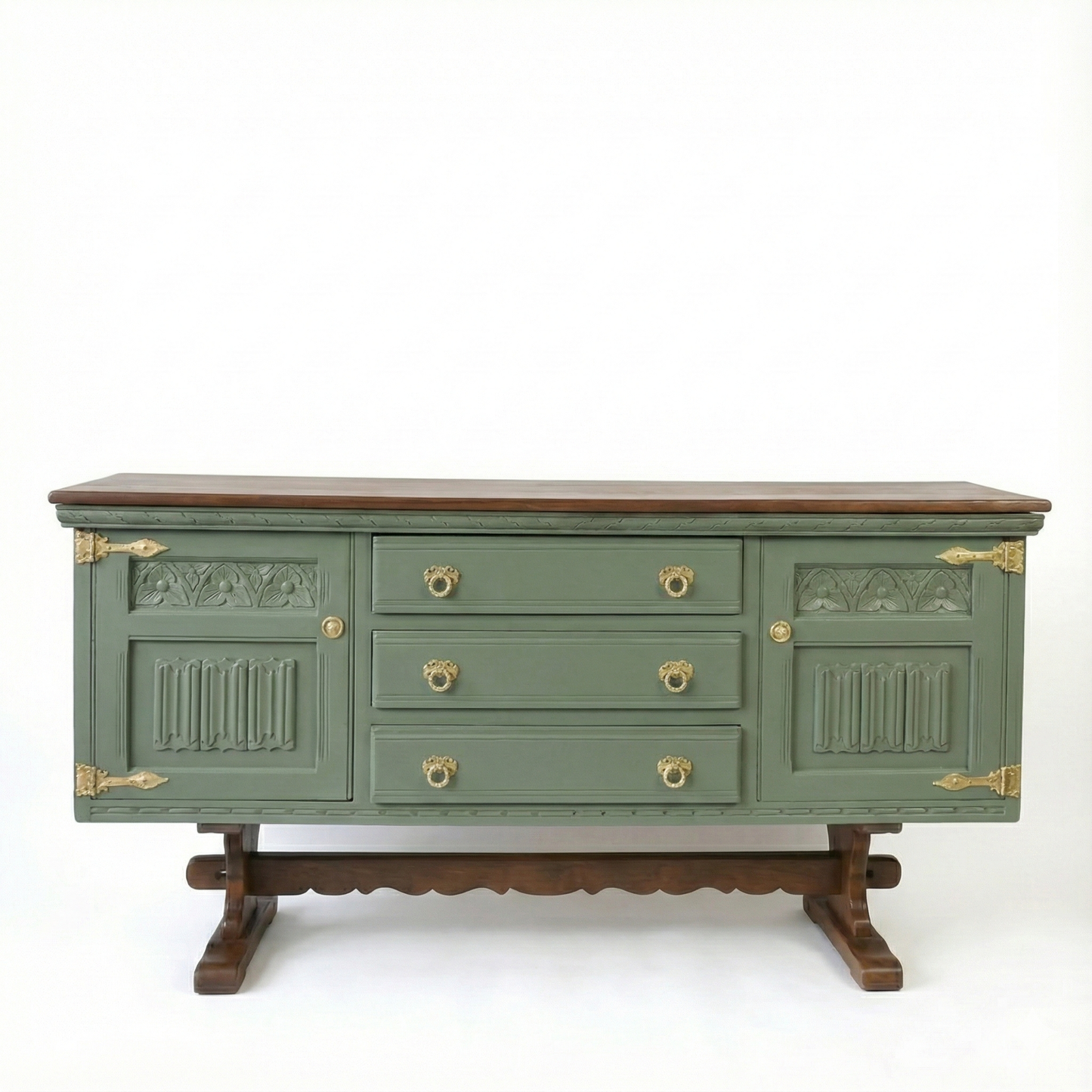 Handcrafted Walnut Sideboard – Vintage Sage Green Storage Cabinet & Console