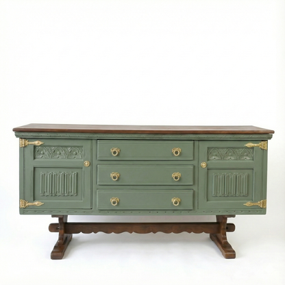 Handcrafted Walnut Sideboard – Vintage Sage Green Storage Cabinet & Console