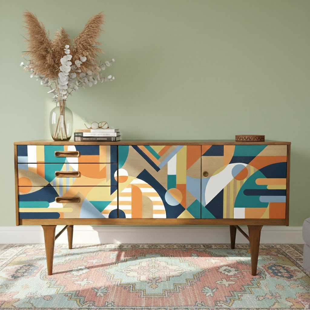 Handcrafted Walnut Sideboard – Modern Geometric Art Furniture & Storage Cabinet