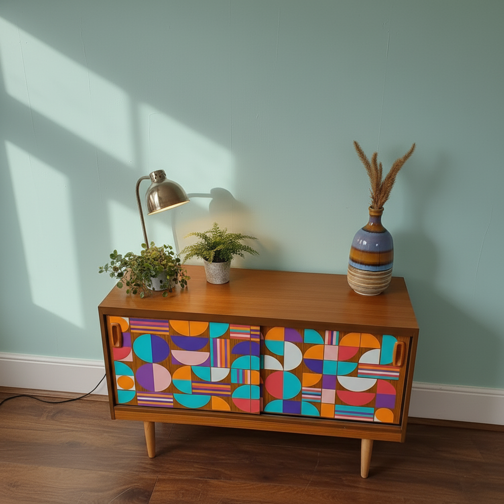 Hand-Painted Mid-Century Modern Art Sideboard – Custom Geometric Design