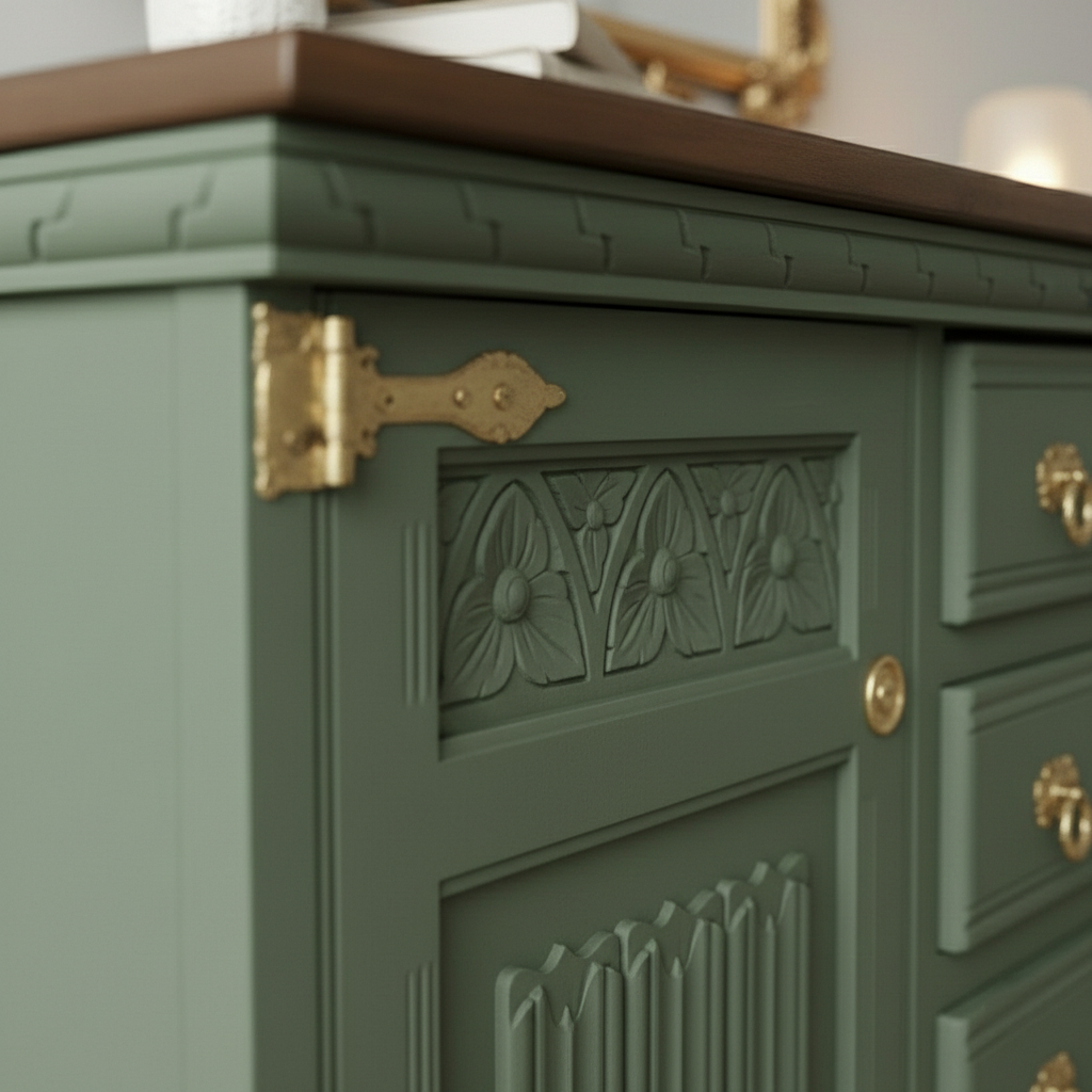 Handcrafted Walnut Sideboard – Vintage Sage Green Storage Cabinet & Console