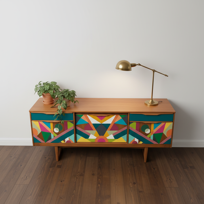 Hand-Painted MCM Pop Art Sideboard – 60" Bold Abstract Credenza