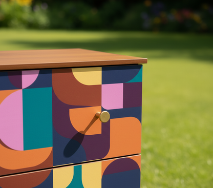 Hand-Painted Mid-Century Modern Nightstand Set – Abstract Geometric Art Furniture (Set of 2)