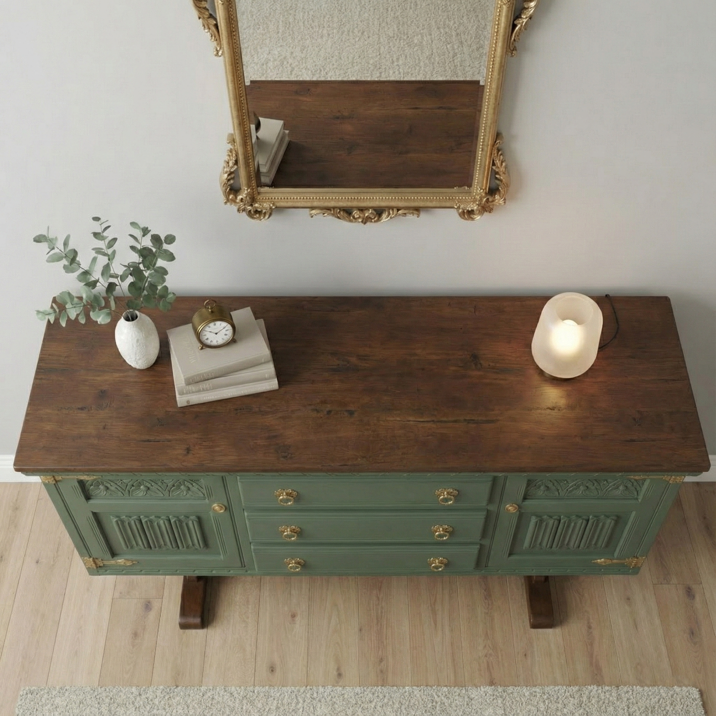 Handcrafted Walnut Sideboard – Vintage Sage Green Storage Cabinet & Console