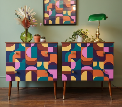 Hand-Painted Mid-Century Modern Nightstand Set – Abstract Geometric Art Furniture (Set of 2)