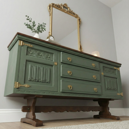 Handcrafted Walnut Sideboard – Vintage Sage Green Storage Cabinet & Console