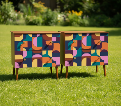 Hand-Painted Mid-Century Modern Nightstand Set – Abstract Geometric Art Furniture (Set of 2)