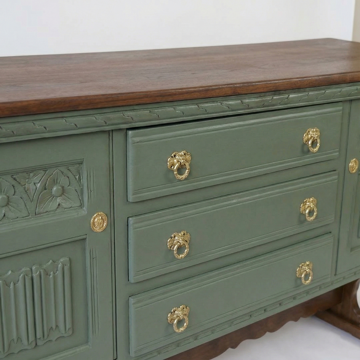 Handcrafted Walnut Sideboard – Vintage Sage Green Storage Cabinet & Console