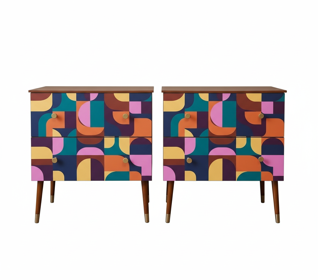 Hand-Painted Mid-Century Modern Nightstand Set – Abstract Geometric Art Furniture (Set of 2)