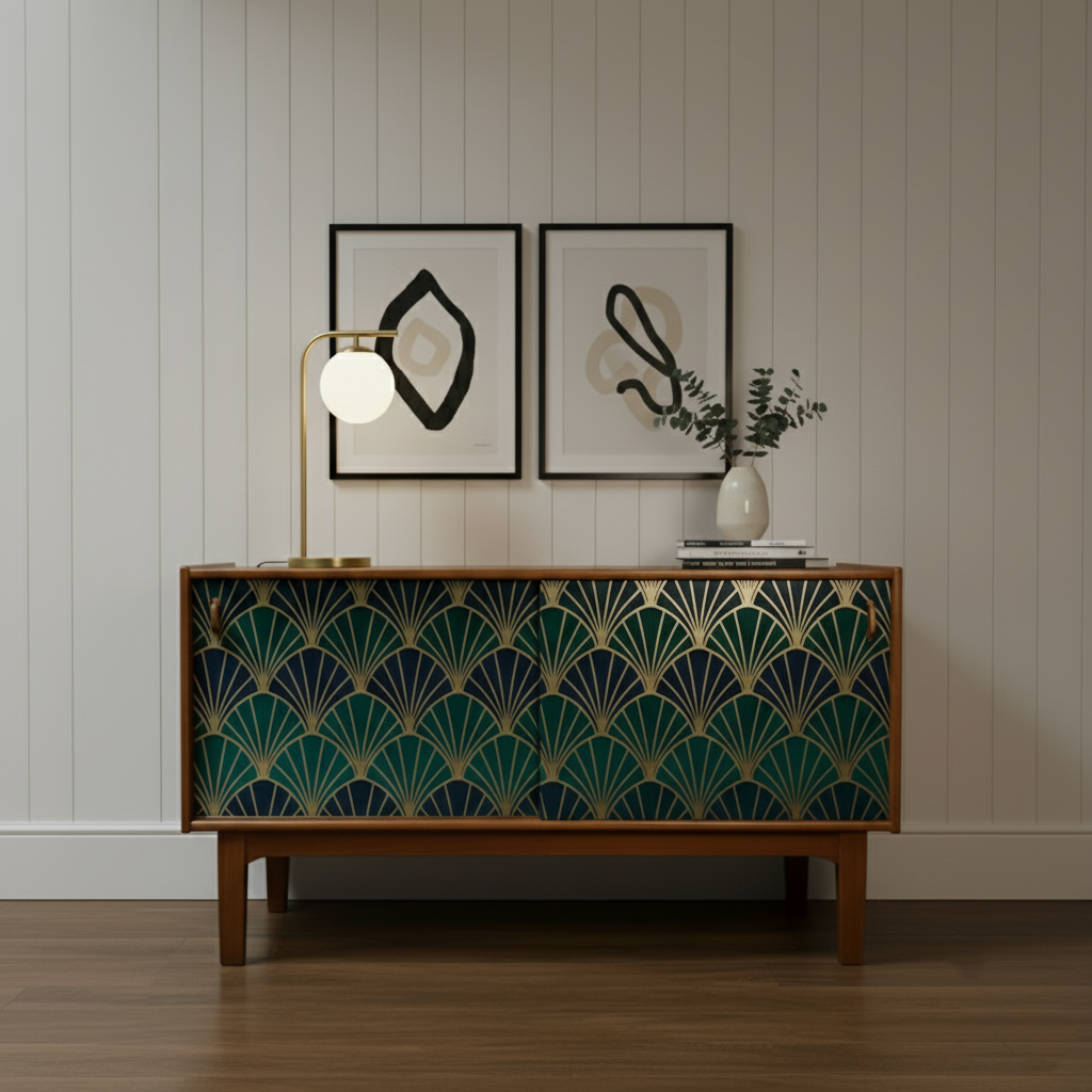 Hand-Painted Emerald Green Sideboard Credenza – Art Deco & Mid-Century Modern Fusion with Geometric Fan Design