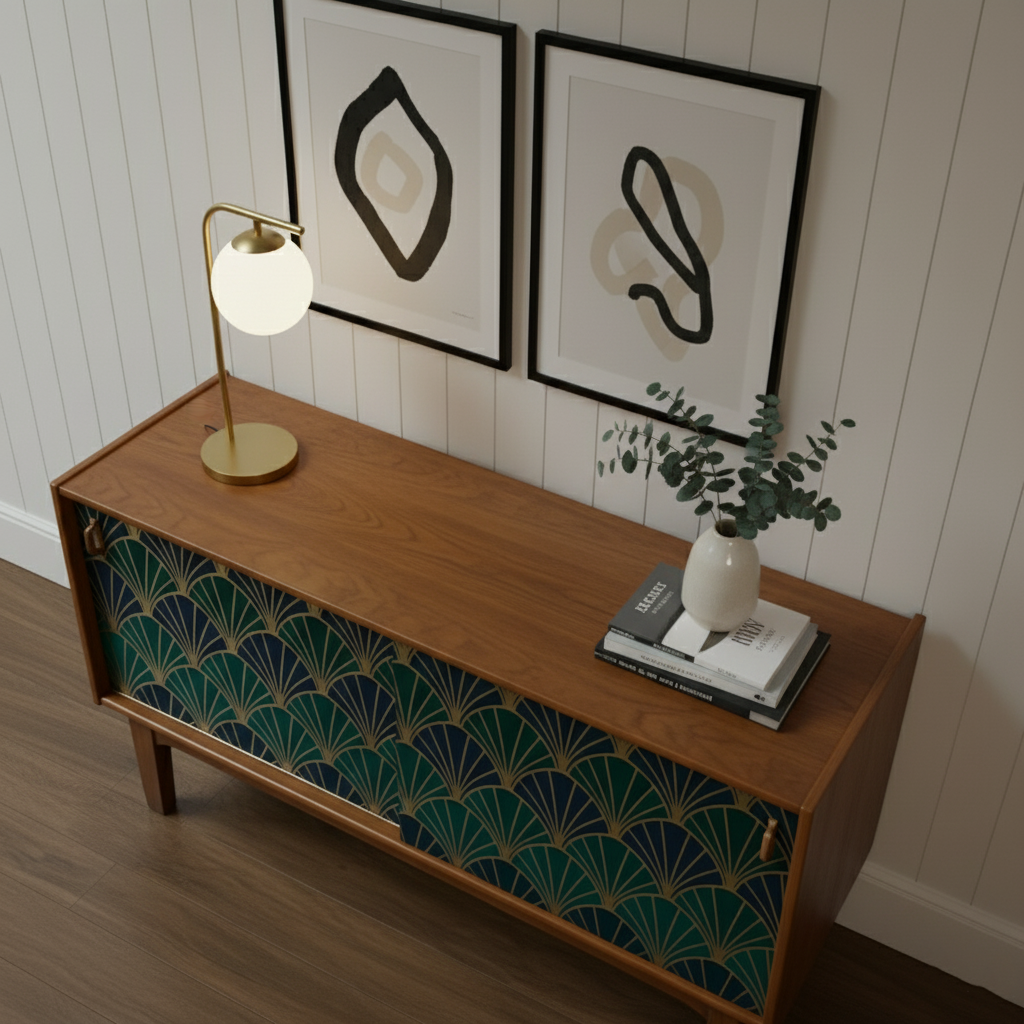 Hand-Painted Emerald Green Sideboard Credenza – Art Deco & Mid-Century Modern Fusion with Geometric Fan Design