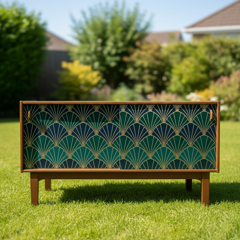 Hand-Painted Emerald Green Sideboard Credenza – Art Deco & Mid-Century Modern Fusion with Geometric Fan Design