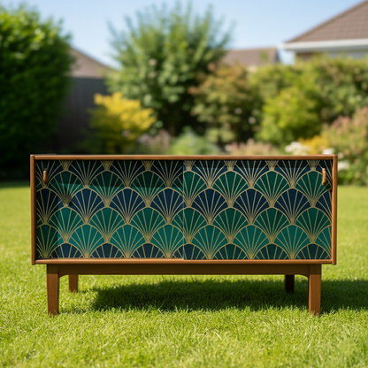 Hand-Painted Emerald Green Sideboard Credenza – Art Deco & Mid-Century Modern Fusion with Geometric Fan Design