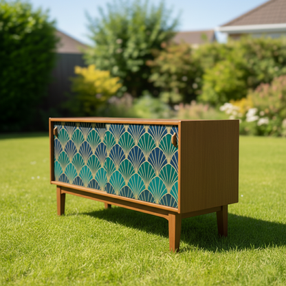 Hand-Painted Emerald Green Sideboard Credenza – Art Deco & Mid-Century Modern Fusion with Geometric Fan Design