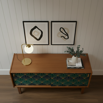 Hand-Painted Emerald Green Sideboard Credenza – Art Deco & Mid-Century Modern Fusion with Geometric Fan Design