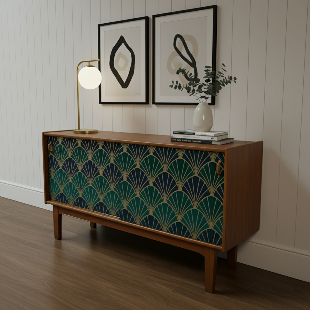 Hand-Painted Emerald Green Sideboard Credenza – Art Deco & Mid-Century Modern Fusion with Geometric Fan Design