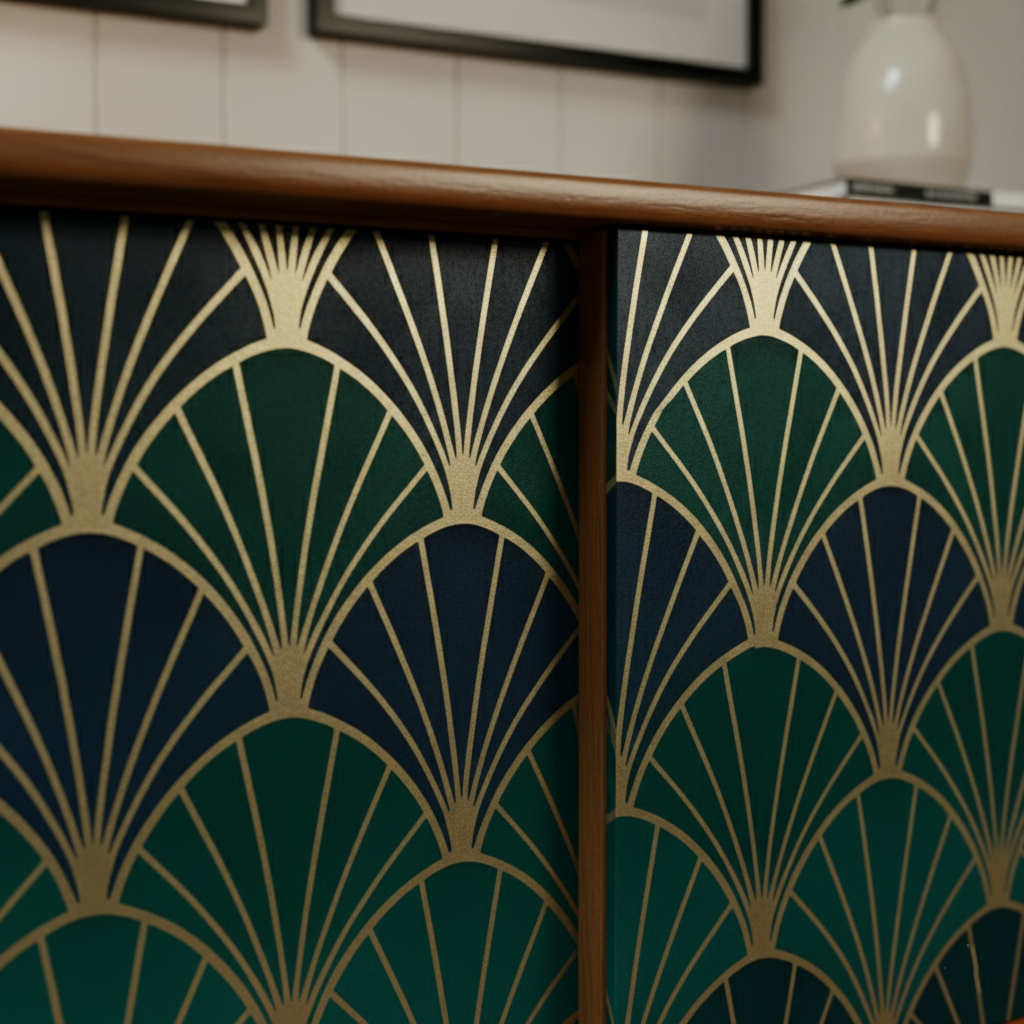 Hand-Painted Emerald Green Sideboard Credenza – Art Deco & Mid-Century Modern Fusion with Geometric Fan Design