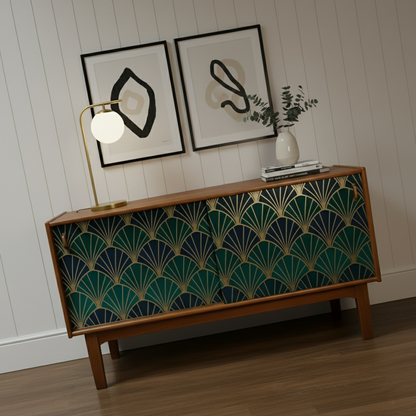 Hand-Painted Emerald Green Sideboard Credenza – Art Deco & Mid-Century Modern Fusion with Geometric Fan Design