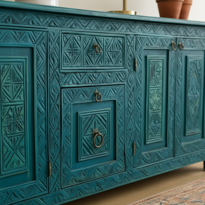 Hand-Carved Teal & Aqua Blue Sideboard – Bohemian Rustic Luxe Buffet & Media Console